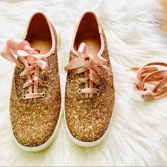 Kate Spade Rose Gold Glitter Lace Up Sneakers IOB - Picture 14 of 16